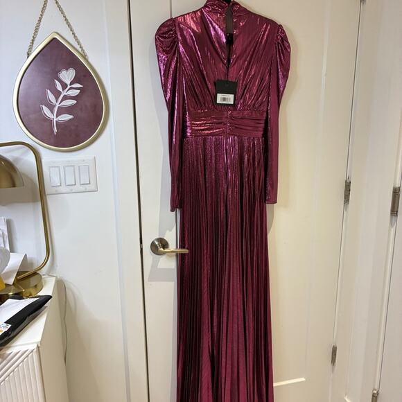 NWT Mac Duggal 30758 Rose Metallic Keyhole Long Sleeve Pleated Maxi Dress Sz XS - Picture 6 of 15